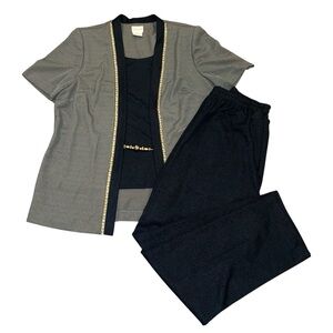 Liz Baker 2-Piece Pant Set Dark Olive & Black Cardigan Style Sz 14 Gold Accents